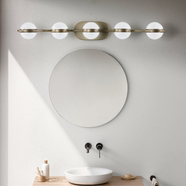 English Elm Bathroom Vanity Light - Elegant 5-Bulb Led Fixture With Crystal Sand Shades In Champagne Gold Finish W2312P374868