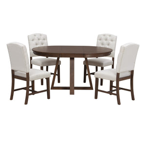 English Elm Trexm Retro 5 Piece Extendable Round Dining Set with Button Tufted Upholstered Chairs Walnut ST000094AAD-2026