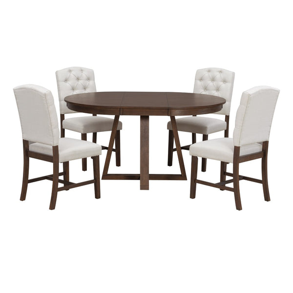 English Elm Trexm Retro 5 Piece Extendable Round Dining Set with Button Tufted Upholstered Chairs Walnut ST000094AAD-2026