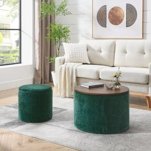 English Elm 2-Piece Round Chenille Storage Ottoman Set with Hidden Compartment and Sturdy MDF Top for Home Decor Dark Green W487P179603