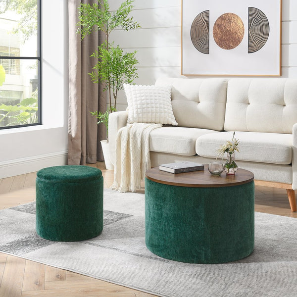 English Elm 2-Piece Round Chenille Storage Ottoman Set with Hidden Compartment and Sturdy MDF Top for Home Decor Dark Green W487P179603