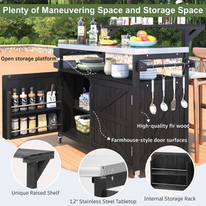 English Elm K&K 53.3" Outdoor Kitchen Island with 1.2" Stainless Top, Spacious Storage, Raised Shelf, Wheels Black N707P250628B