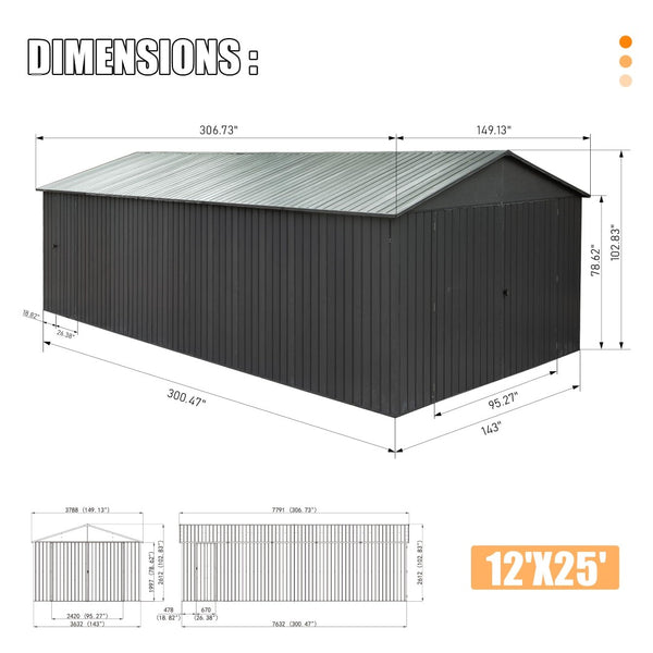 English Elm 12x25ft Outdoor Steel Carport Heavy Duty Shelter with Lockable Doors Wind Rated W1859P364961