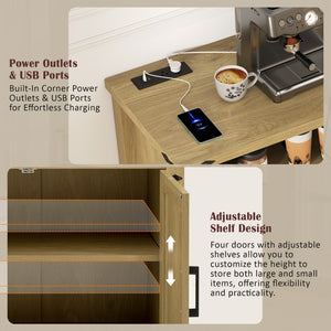 English Elm U_style 59 Inch Sideboard Buffet with Built in Power Outlets Open Cubbies Metal Accents Natural Wood N711P347407O