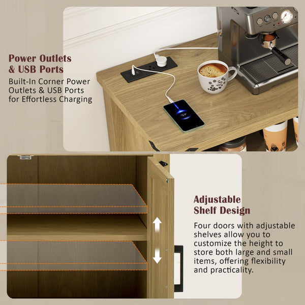 English Elm U_style 59 Inch Sideboard Buffet with Built in Power Outlets Open Cubbies Metal Accents Natural Wood N711P347407O