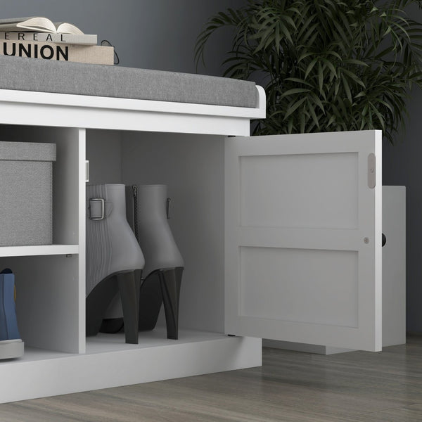 English Elm Homcom Entryway Storage Bench Padded Linen Seat Dual Cabinets White Mdf Hallway W2225P485617