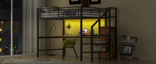 English Elm Full Size Metal Loft Bed With Desk, Storage Steps, Wardrobe, Led Light - Perfect For Small Spaces! GX000620AAB-1