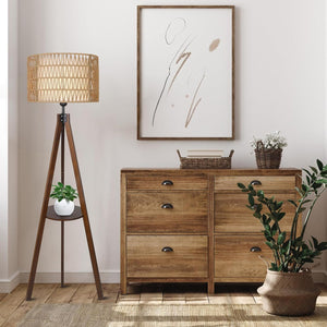 English Elm Boho Rubber Wood Tripod Floor Lamp with Shelves, Dual Rattan & Fabric Shades, Foot Switch Light W2738P185422