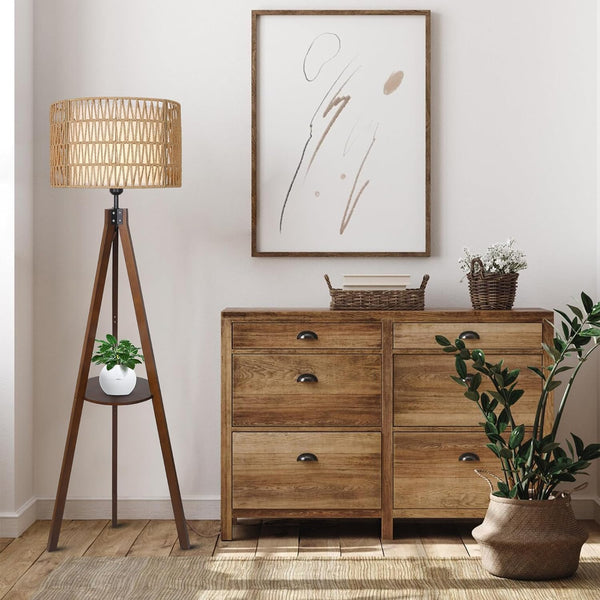 English Elm Boho Rubber Wood Tripod Floor Lamp with Shelves, Dual Rattan & Fabric Shades, Foot Switch Light W2738P185422