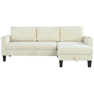 English Elm Reversible Sectional Sofa with Storage Chaise, USB Ports, Cup Holders, Corduroy Sleeper Sofa for Home Comfort Beige W680S00033