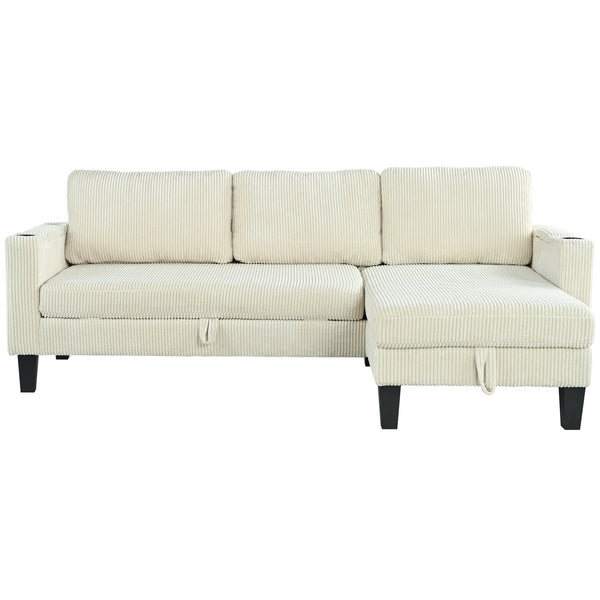 English Elm Reversible Sectional Sofa with Storage Chaise, USB Ports, Cup Holders, Corduroy Sleeper Sofa for Home Comfort Beige W680S00033