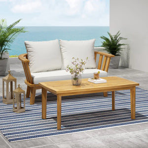 English Elm Christopher Knight Home® - 2 Person Acacia Wood Patio Seating Set with Curved Back Loveseat, Teak Finish, White Cushions, Coffee Table 70334.00WHI_70336.00