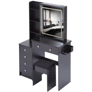 English Elm 37" Vanity Table Set with Led Mirror Stool Built-in Outlets and Hair Dryer Storage Black W3258P448844