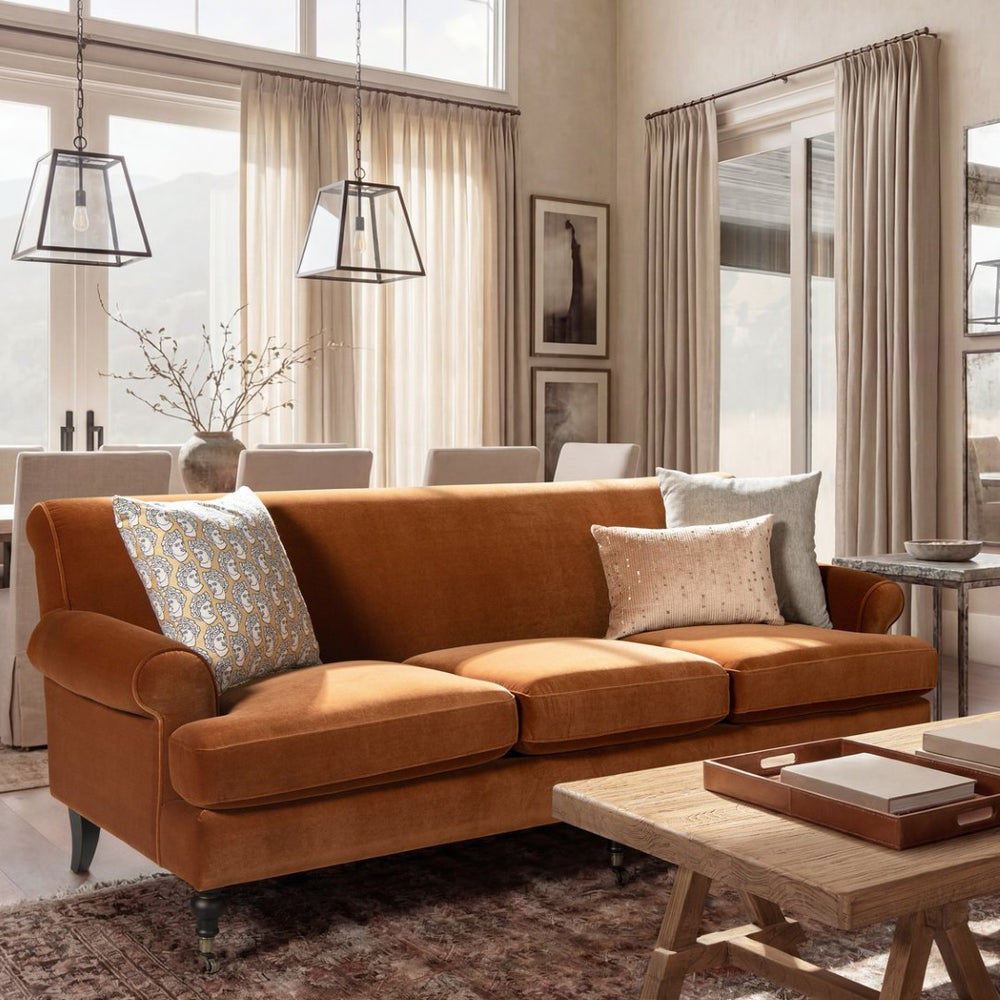 English Elm Alana Velvet Three Cushion Sofa Hardwood Frame Tight Back Living Room Seating B2719P479037