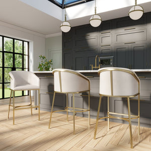 English Elm 31" Barrel Back Barstool Faux Leather Foam Padded Seat Gold Steel Frame for Home Bar White Pu B2751P436479