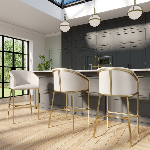 English Elm 31" Barrel Back Barstool Faux Leather Foam Padded Seat Gold Steel Frame for Home Bar White Pu B2751P436479