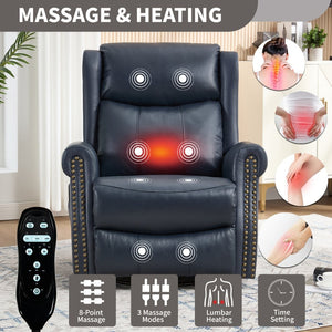English Elm Heat Massage Rocker Swivel Recliner in Genuine Leather with Lumbar Relief for Living Room W3224S00012