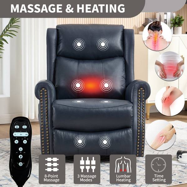 English Elm Heat Massage Rocker Swivel Recliner in Genuine Leather with Lumbar Relief for Living Room W3224S00012
