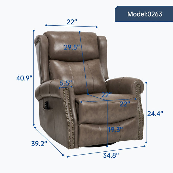 English Elm Heat Massage Swivel Rocker Recliner Genuine Leather Chair with Lumbar Relief W3224S00011