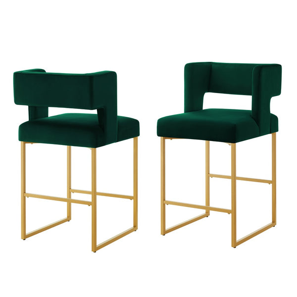English Elm Modern Velvet Counter Stools Set of Two with Gold Iron Frame and Square Open Back Emerald W2186P171942