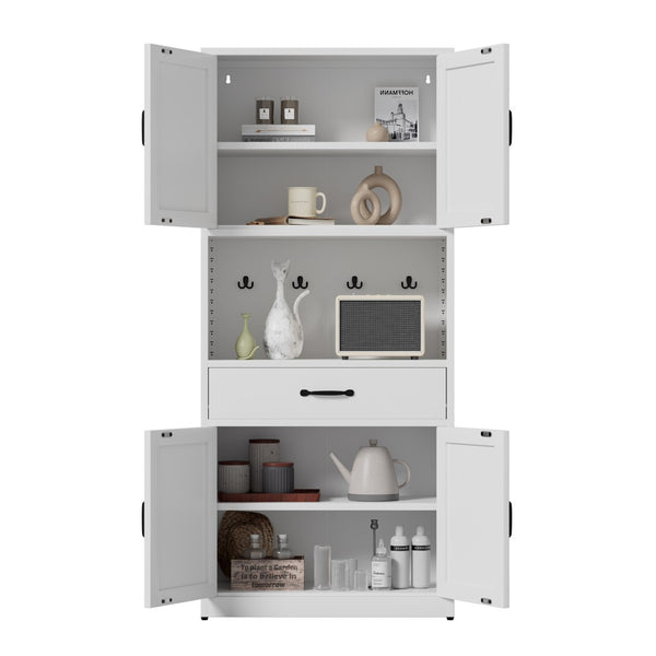 English Elm 71 Inch Steel Kitchen Pantry Cabinet with Adjustable Shelves Drawer and Hooks Modern White T2398P413028