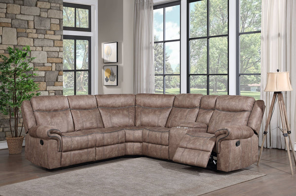 English Elm Dollum Two Tone Nubuck Manual Recliner Sectional Sofa with USB Port, Cupholder Console, Tufted Comfort Chocolate 69 L x 30 W x 26 H B2726S00125