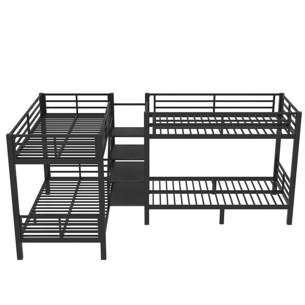English Elm Twin L-shaped Steel Bunk Bed with Built-in Shelving and Full Guardrails Matte Black W1580S00439