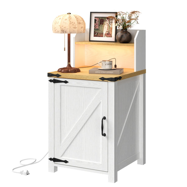 English Elm OKD Farmhouse Nightstand with Built-In Charging Station, Barn Door Accent, Adjustable Storage Shelf and Sturdy Frame White W1550P311284