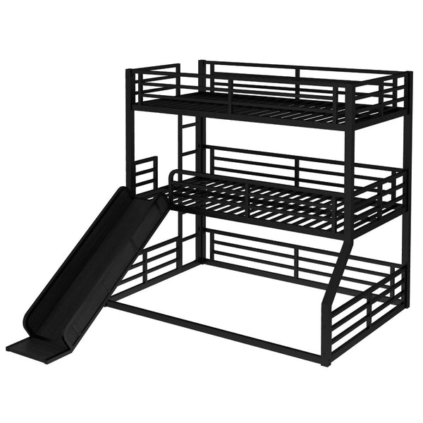 English Elm Twin Bunk Bed With Slide - Metal Triple Bunk For Kids, Heavy-Duty, Noise-Reduced, Safety Guardrails W1580S00173-GIGA
