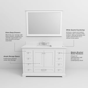 English Elm White Single Bath Vanity 48 in. W x 22 in. D with White Quartz Top, 46 in. Mirror, Soft-Close Drawers B2731S00649