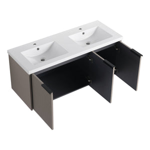 English Elm 48" Modern Wall-Mounted Bathroom Vanity With Double Sink, Soft-Close Doors & Stylish Wavy Panels W999S00353
