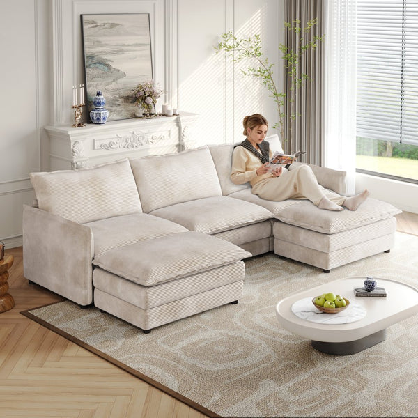English Elm Corduroy 3-Seater Cloud Couch With Movable Footrests - Oversized U-Shaped Sofa For Ultimate Comfort W834S00427