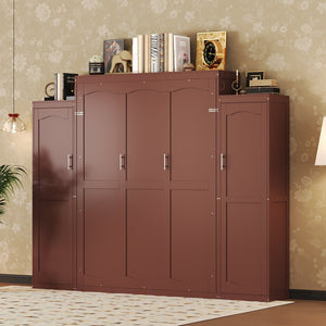 English Elm Queen Murphy Wall Bed Walnut Wooden Frame Dual Wardrobes Foldable Guest Room Storage N733S235627D