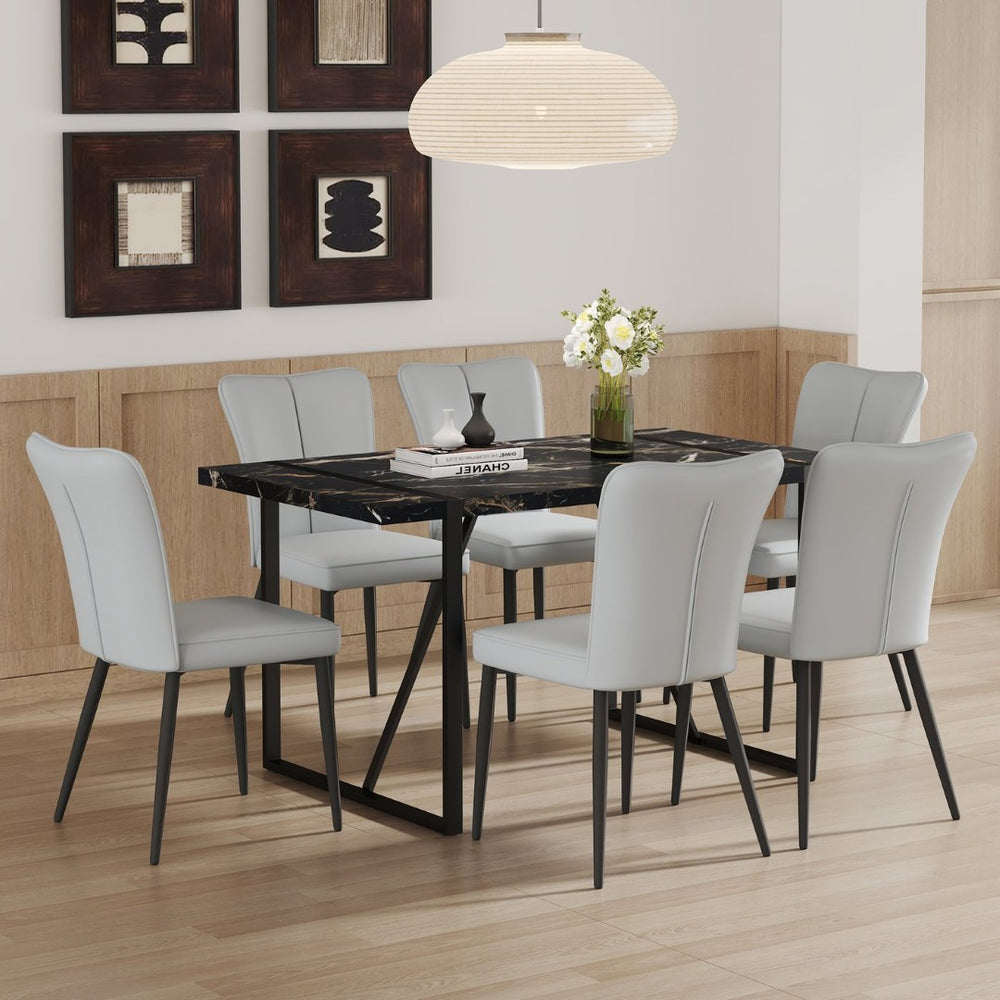 English Elm Table Modern Black Marble Mdf Dining Set With 6 Light Gray Pu Chairs - Stylish, Durable, Comfortable W1151S02528-GIGA