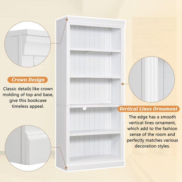 English Elm 83" 5-Tier Bookcase Suite with LED Light Strip, Adjustable Shelves, Cable Management & Solid Wood Frame White N751S246920K