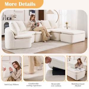 English Elm 133'' Modular U-shaped Sectional Chenille Sofa with Removable Recliner for Spacious Rooms Milk White W2231S00050