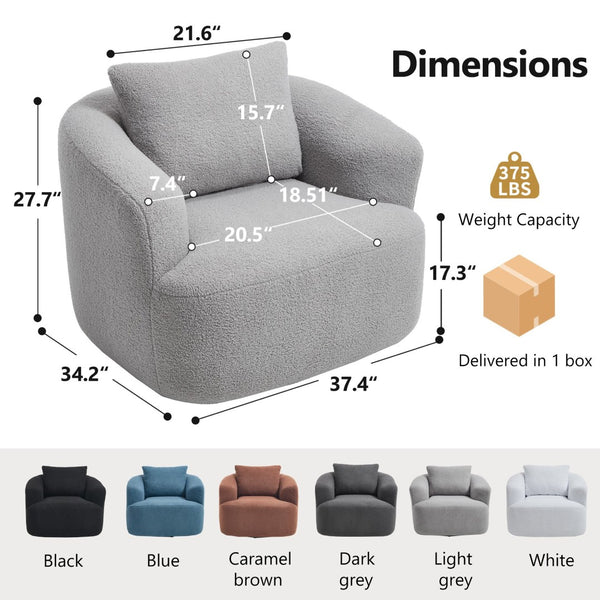 English Elm 360° Swivel Barrel Chair Teddy Fleece Upholstery with Pillow for Bedroom Reading Nook Light Gray W1803P363036