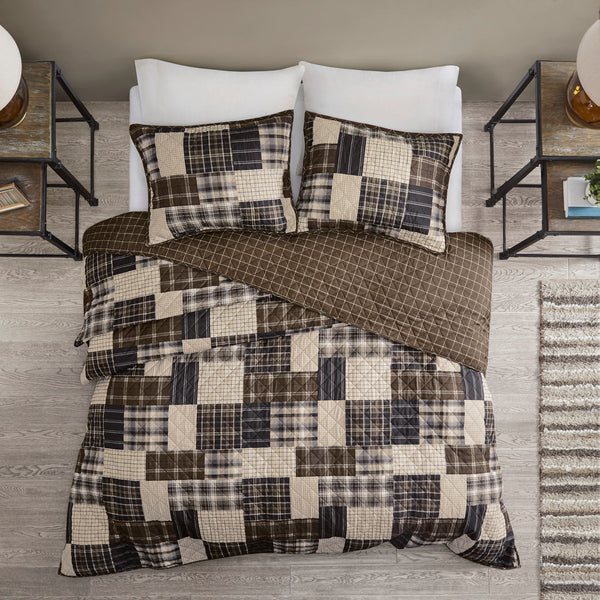 English Elm 3 Piece Reversible Timber Quilt Set Full/Queen - Rustic Patchwork & Plaid Double-Sided Cabin Chic, Machine Washable B03597530