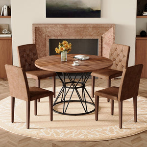 English Elm Table and Chair Set Walnut Round Dining for Four with Tufted Suede Seats W1151S04853