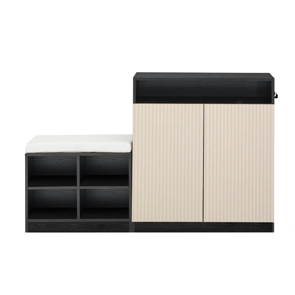 English Elm U_style Entryway Console Set with Wavy Doors Cushioned Bench and Adjustable Shoe Storage N711P345166B