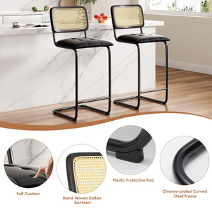 English Elm Counter Upholstered PU Leather Bar Stools Set of 2 with Rattan Back, 30" Cantilever Counter Stools Black, Anti-Slip Protectors T3623P353498