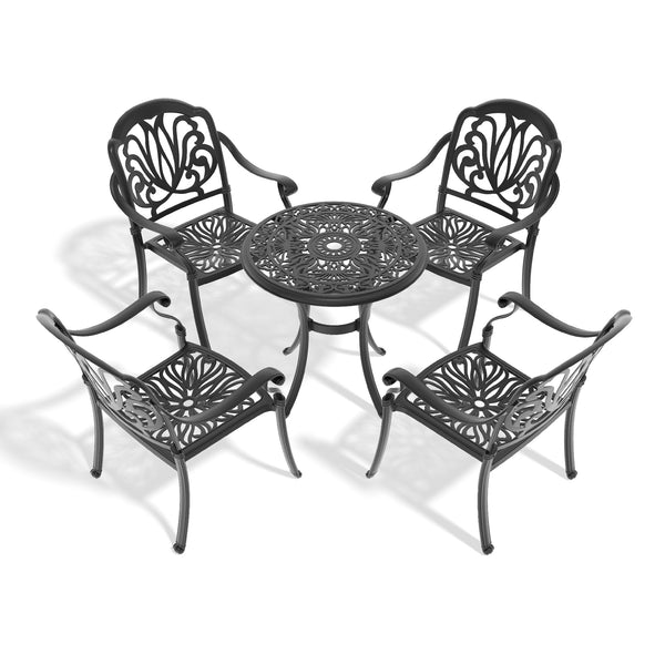 English Elm 5-Piece Cast Aluminum Patio Furniture Set With Black Frame, Brown Cushions & Umbrella Hole Design W1710S00416