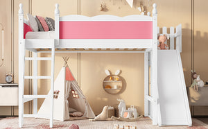 English Elm Full Loft Bed With Detachable Slide, Storage Shelves, And Cabinet In Pink & White – Fun & Functional! W1580S00245