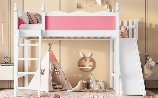 English Elm Full Loft Bed With Detachable Slide, Storage Shelves, And Cabinet In Pink & White – Fun & Functional! W1580S00245