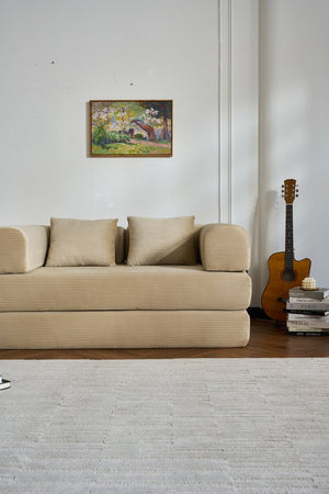 English Elm 59'' Corduroy Convertible Floor Sofa Sleeper with Bolster Pillow for Small Spaces Beige W3434P406618