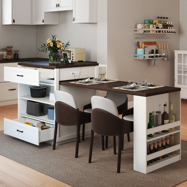 English Elm 83.1'' Extendable Kitchen Island Prep Station with Walnut Woodgrain and Built-in Power Hub W2557S00002
