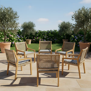 English Elm Modern Acacia Wood Wicker Armchair Outdoor Dining Set Seats Six on Patio N770PS797R192