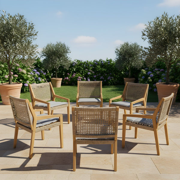 English Elm Modern Acacia Wood Wicker Armchair Outdoor Dining Set Seats Six on Patio N770PS797R192