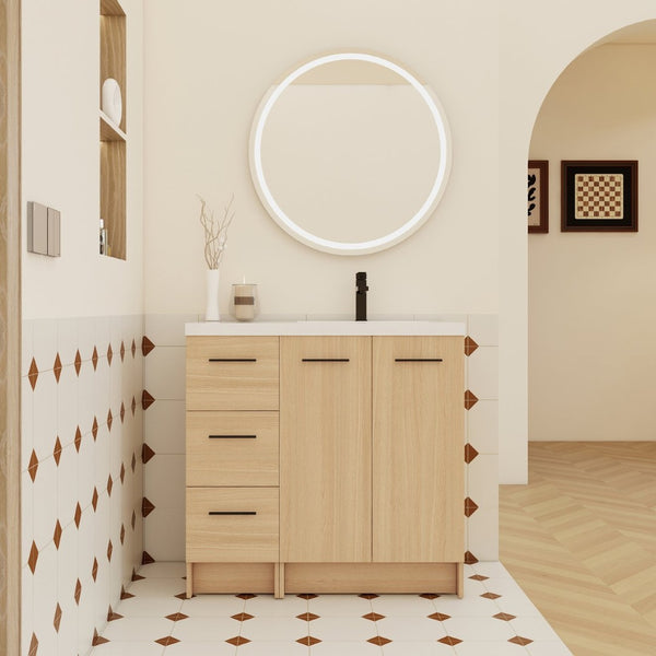 English Elm 36" Floating Bathroom Vanity Light Oak Modular Cabinet with Gel Coat Integrated Sink W3450S00104