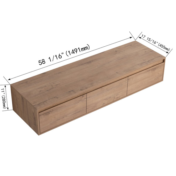 English Elm 60" Wall-Mounted Bathroom Vanity in Imitative Oak with 3 Soft-Close Drawers, Scratch & Water-Resist W999P290398